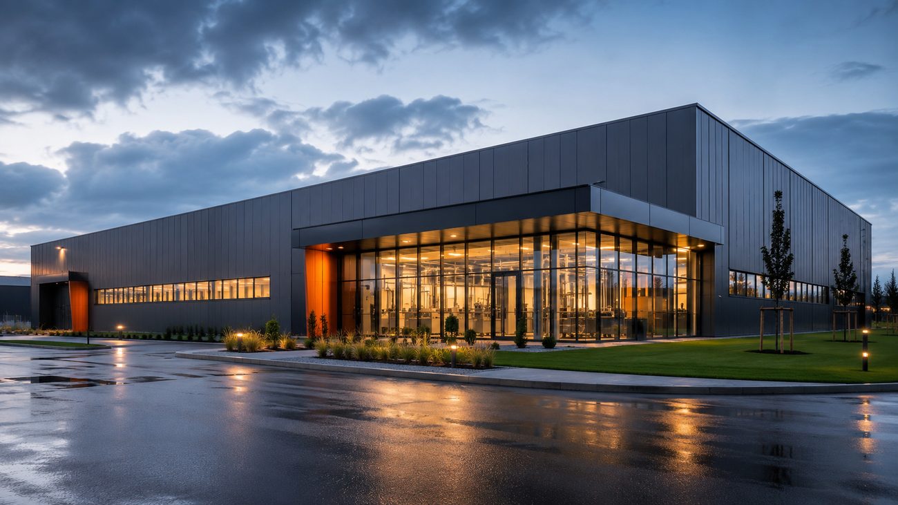 Nave industrial con estructura de acero, vista exterior al anochecer