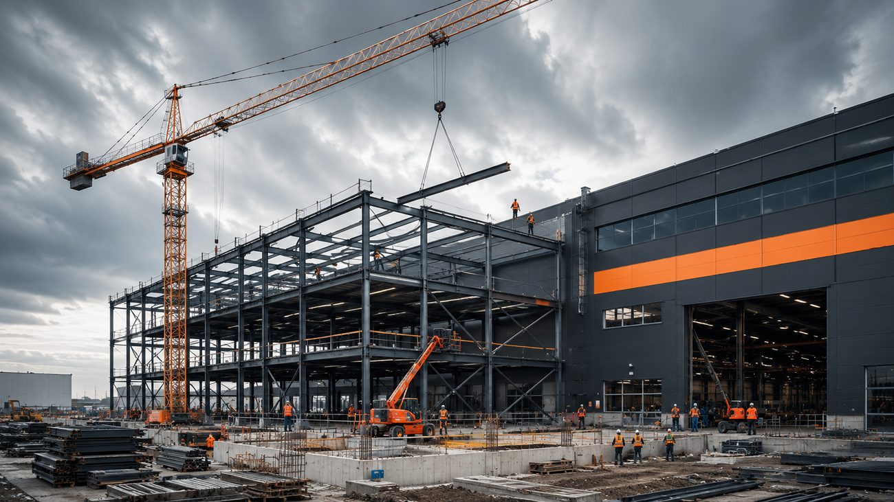 Ampliación de nave en obra, grúa y estructura de acero