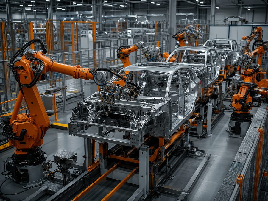 Zautomatyzowana linia montażowa samochodów z robotami przemysłowymi
